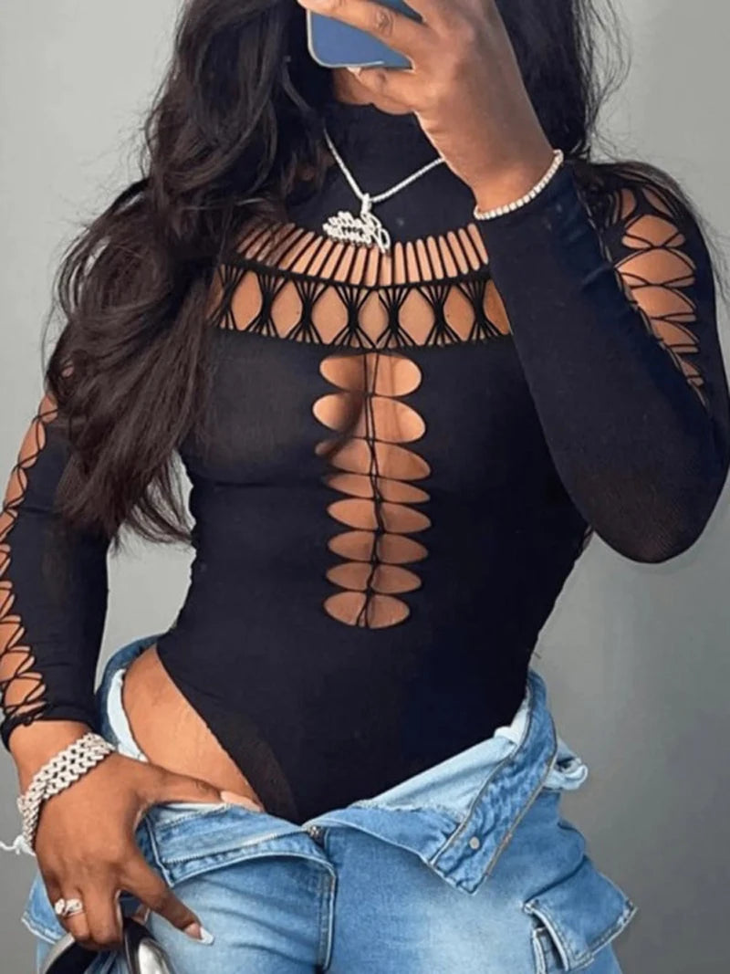 Sexy solid color Plain hollow out jumpsuit hollow out Open chest sexy curves nightclub party fine clothes bodysuit jumpsuits