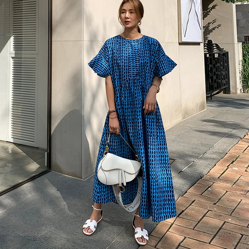 Johnature 2025 New Print Ruffles Sleeve Women Dresses Summer Korean Loose O-neck Simple Female Dress