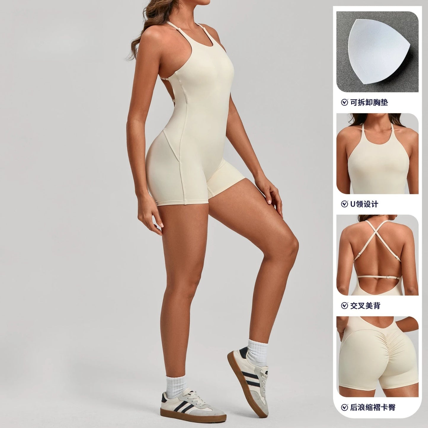 Gym Workout Clothes Backless One-Piece Yoga Suit Tight-Fitting Sports Bodysuit Fitness Suit Adjustable Shoulder Strap Jumpsuit