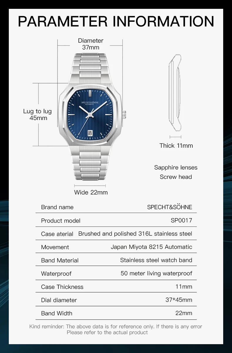 New Arrivals Specht&Sohne Watch 37MM Automatic Watches For Men Japan 8215 Movt Sapphire Crystal Stainless Steel 50M Waterproof