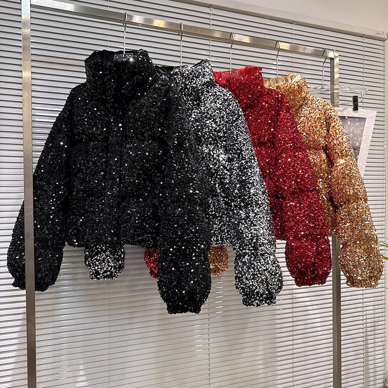 DEAT Winter New Fashion Heavy Industry Colorful Sequin Stand Collar Warm Jacket For Women Cotton-padded Coat 11A07258