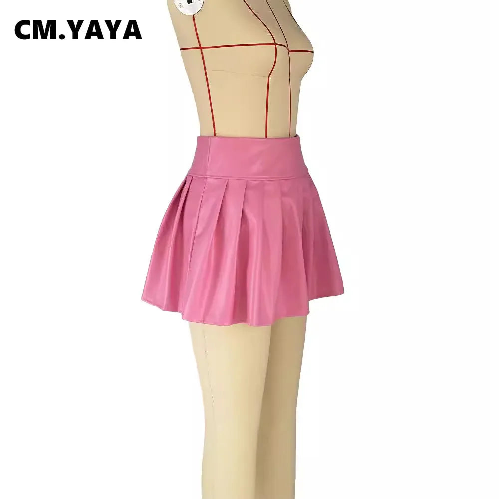 CM.YAYA Summer Women PU Leather Sexy Pleated Mini Skirt Street Sute Girl Holiday basic Zipper Night Party Club Skirts