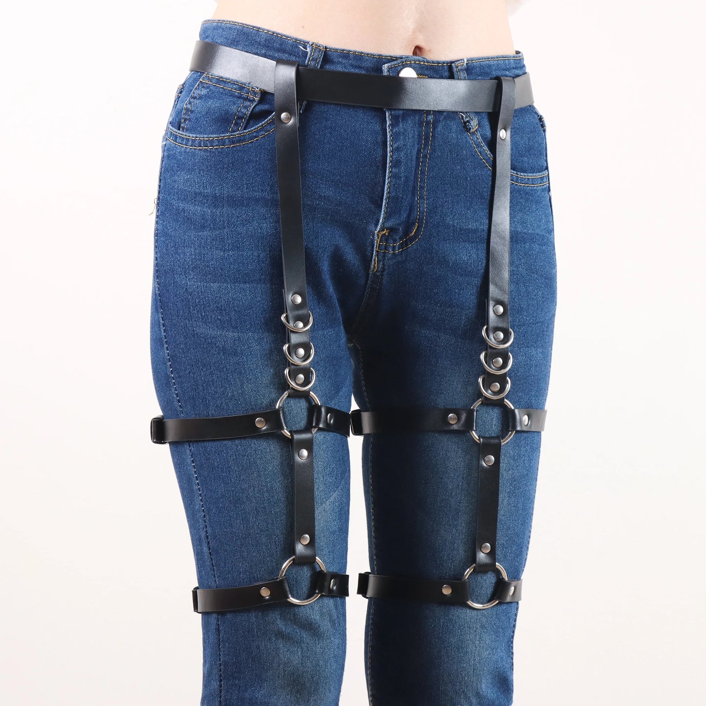 Women Black PU Leather Garter Belt Harness - Adjustable Ring Design Thigh Strap Belt for Punk Gothic Denim Outfits