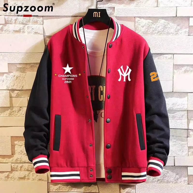 Supzoom New Arrival Letter Rib Sleeve Cotton Top Fashion Logo Single Breasted Casual Bomber Baseball Jacket Loose Cardigan Coat