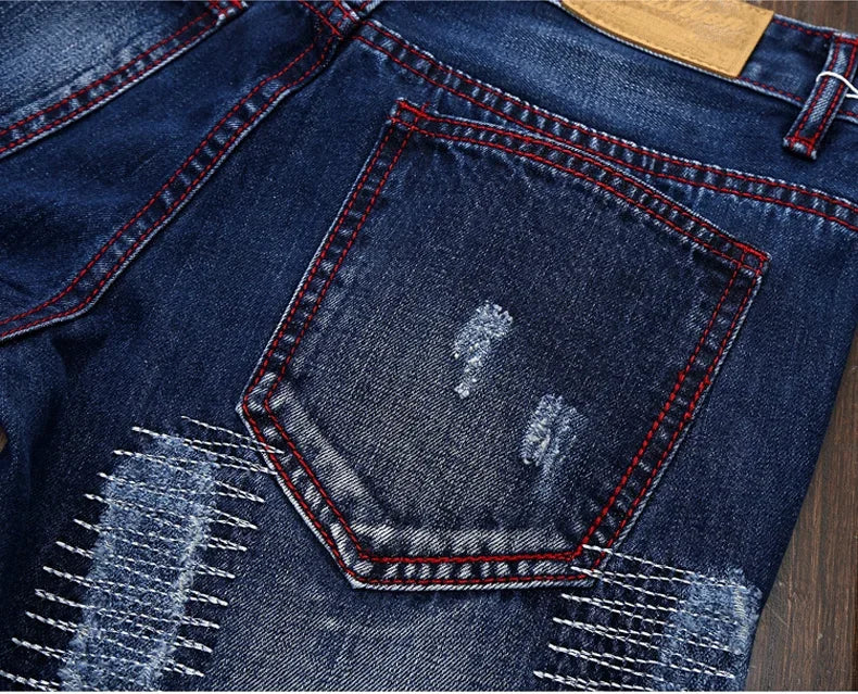 New Men's Ripped Vintage Jeans Straight Denim Trousers Male Distressed Personalized Motorcycle High Street Spliced Jeans Pants