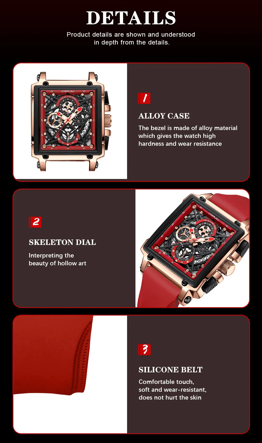 CRRJU Modische Sportuhren mit großem Zifferblatt, einzigartiges rechteckiges, hohles Design, Quarz-Armbanduhren mit Chronograph, automatisches Datum