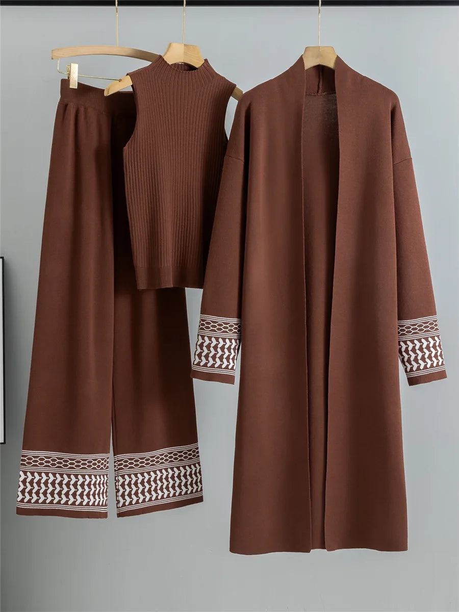 Korean Design Elegant Knitted 3 Piece Sets Women Knit Vest Sweater Long Cardigan Tops Conjuntos High Waist Wide Leg Pants Outfit