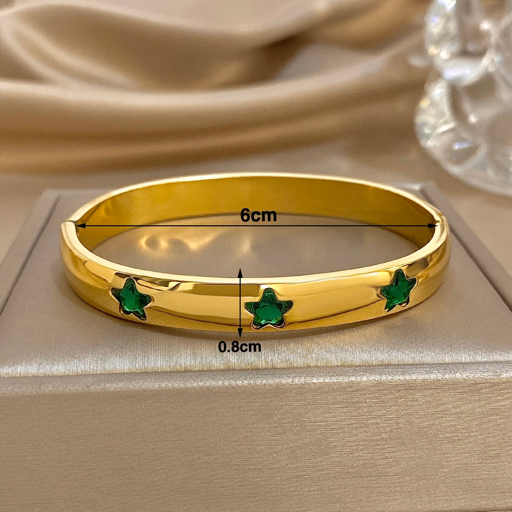 Shiny Star Colorful Zircon Smooth Cuff Bangle Bracelet for Women Trendy Gold Plated Stainless Steel Wide Bracelets Jewelry Gifts