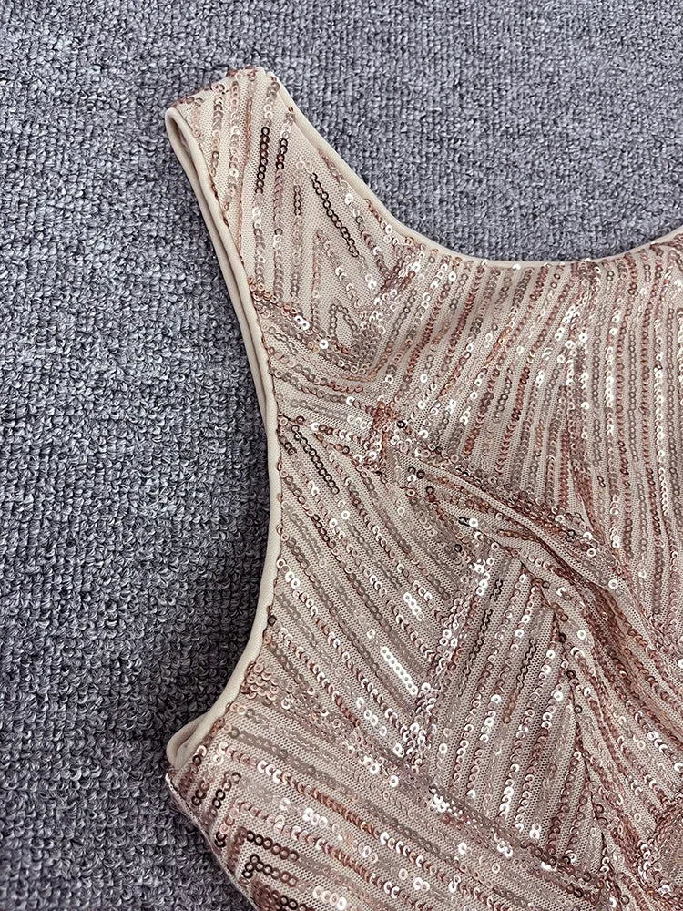 Neues Rundhals-Abendkleid für Damen in wunderschönem Roségold mit Pailletten und langem Meerjungfrauenrock, Abendkleid, Vestido Coctel Vestido