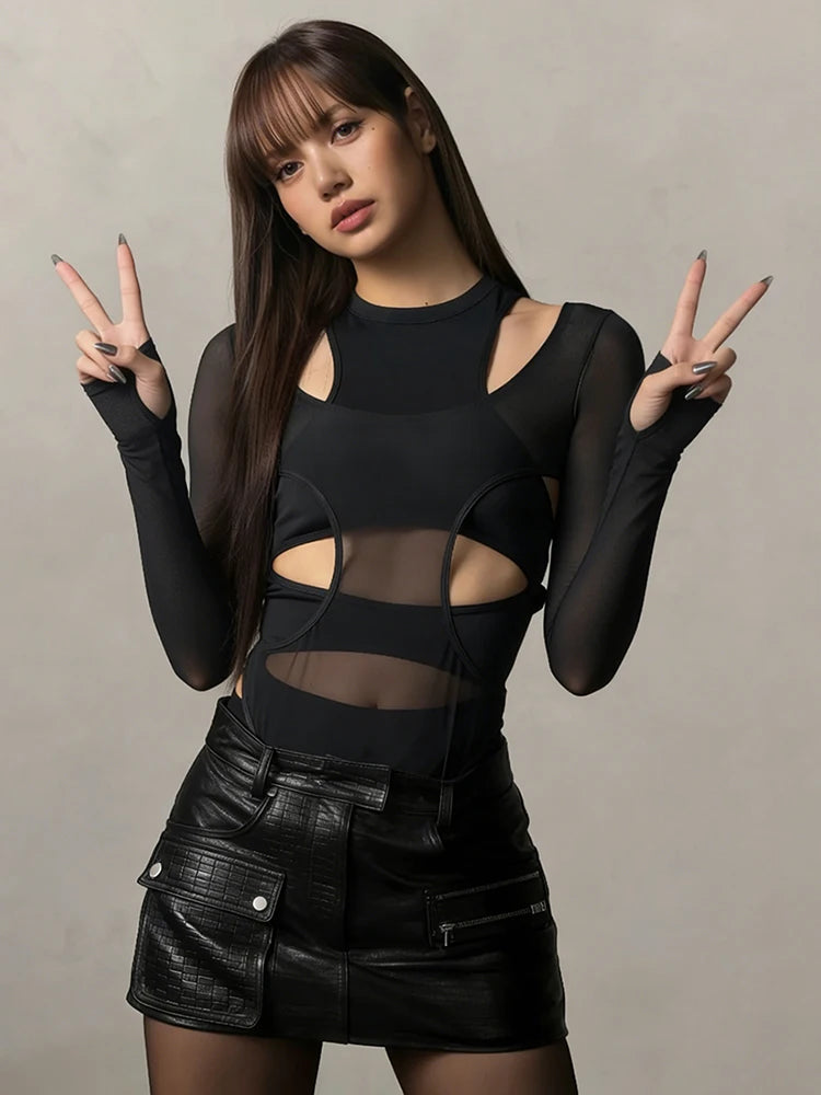 Kliou Mesh Patchwork Bodysuits Woman Irregular Hollow Design o-Neck Full Sleeve Skinny Stretch Hot Girls Sexy Fashion Bodycon