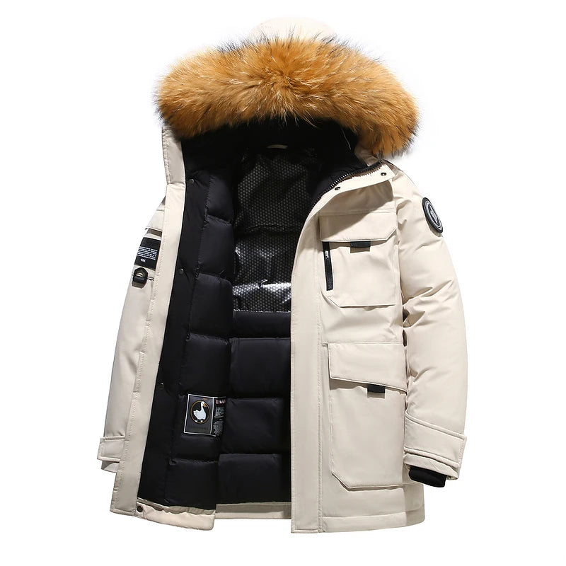 Schwarze Daunenjacke 2024 Winter Gefütterte weiße Entendaunenjacke mit Kapuze und Pelzkragen Lässige Mode Dicker warmer Parka mit besticktem Design