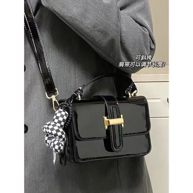 Handheld Small Square Bag, Fashionable, Niche, Versatile, High-end, Textured, Glossy, Simple, Single Shoulder Crossbody Women's