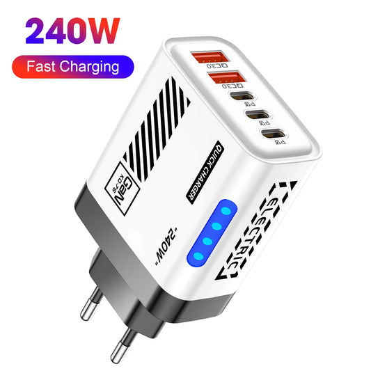 5 Port GaN USB C Charger 240W PD Fast Charger Phone Adapter Wall Charger For iPhone Samsung Xiaomi Huawei Fast Charging Plug