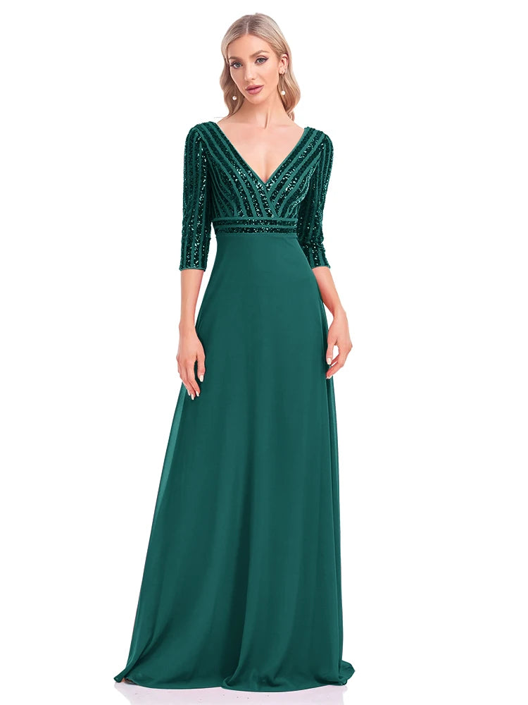 Lucyinlove Elegantes Langarmkleid mit Pailletten und V-Ausschnitt, rosa Abendkleid, Hochzeitsfeier, Abschlussballkleider für Frauen 2024