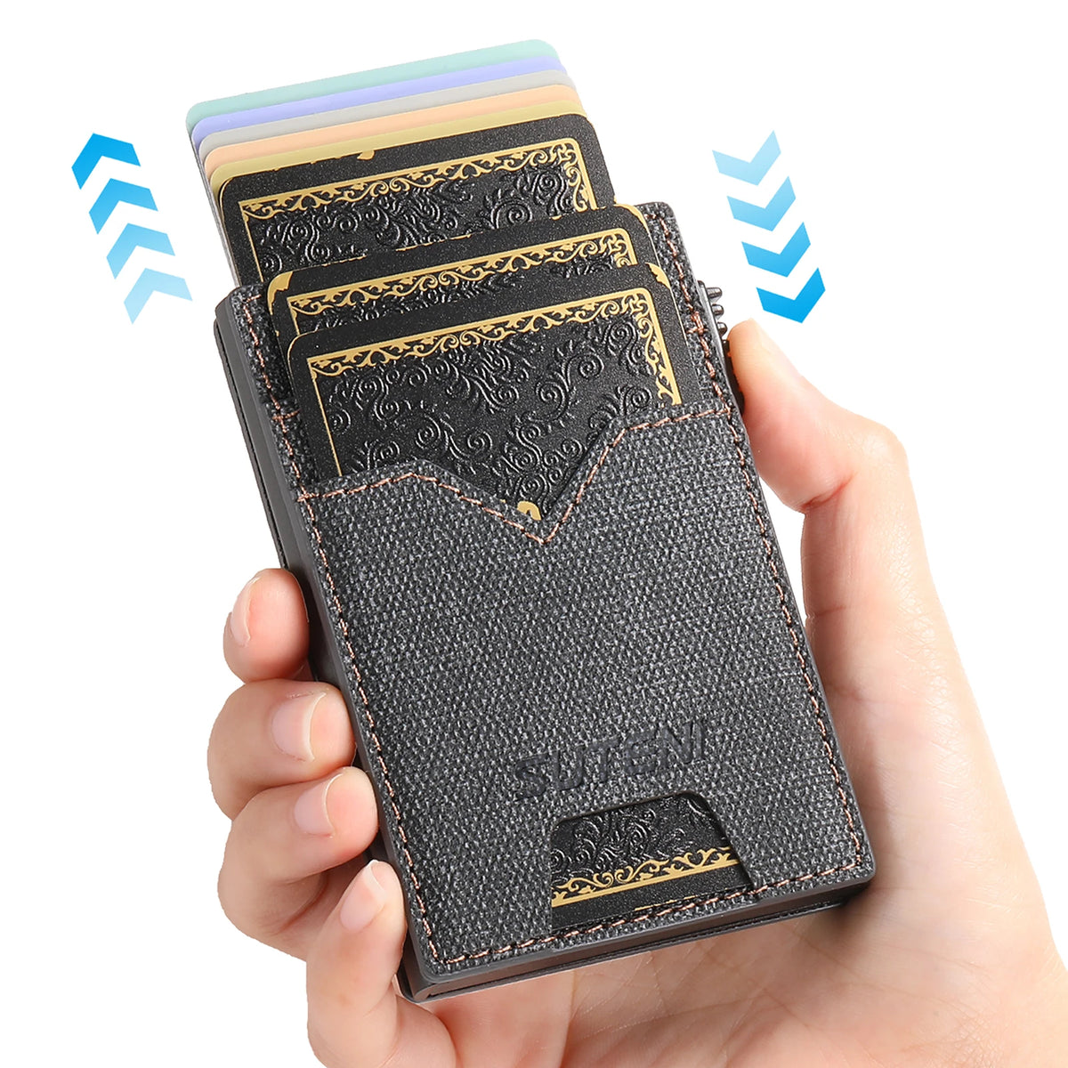 SUTENI Faux Leather Card Slot Wallet Flip Cover Unisex Card Box Pressing The Button Automatically Ejects The Card