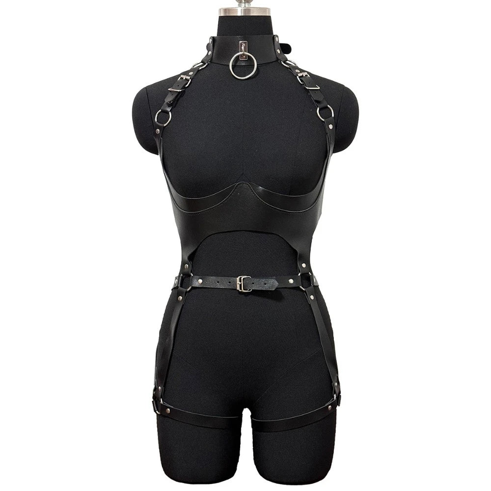 Women Fashion Sexy Harness Waist Belt Set PU Leather Harness Waist Erotic Body Leg Garter Belt Goth Clothing Accessoly