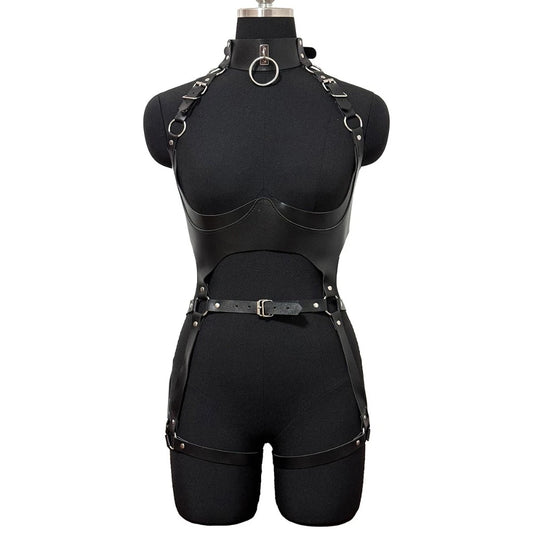 Women Fashion Sexy Harness Waist Belt Set PU Leather Harness Waist Erotic Body Leg Garter Belt Goth Clothing Accessoly
