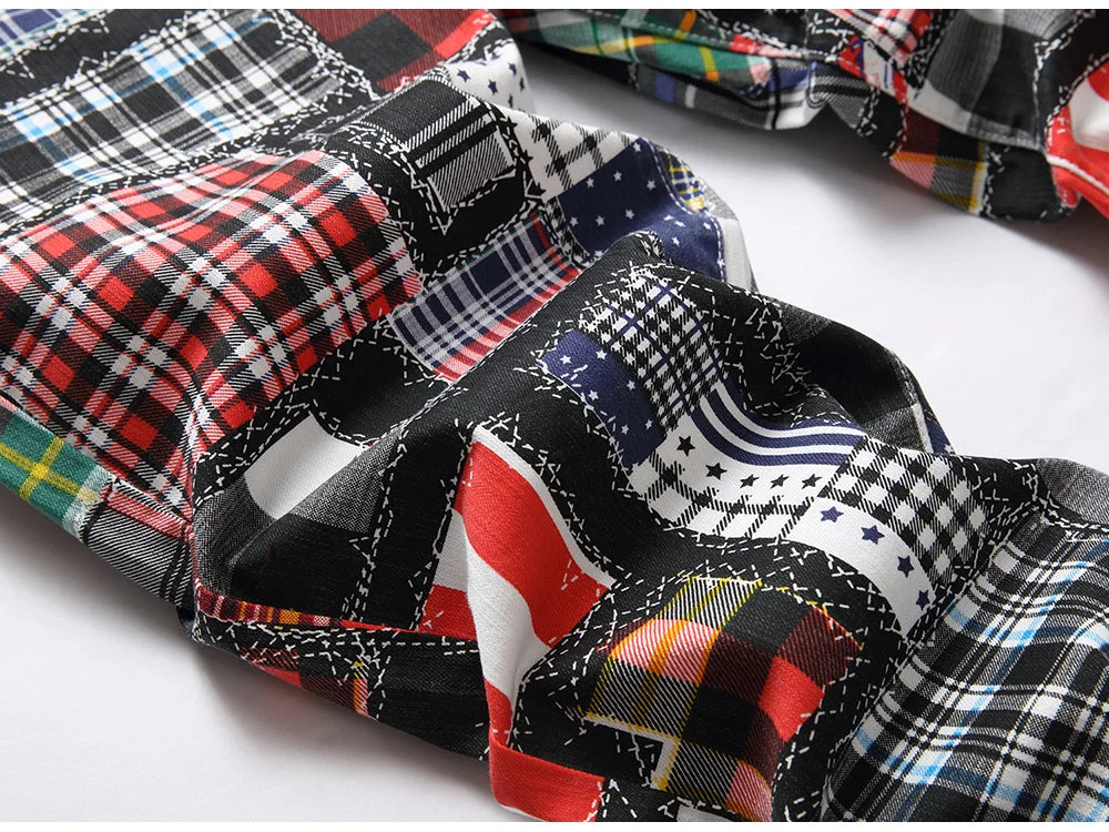 Männer Plaid Digital Print Jeans Mode Patches Patchwork Stretch Denim Hosen Schlank Gerade Hose