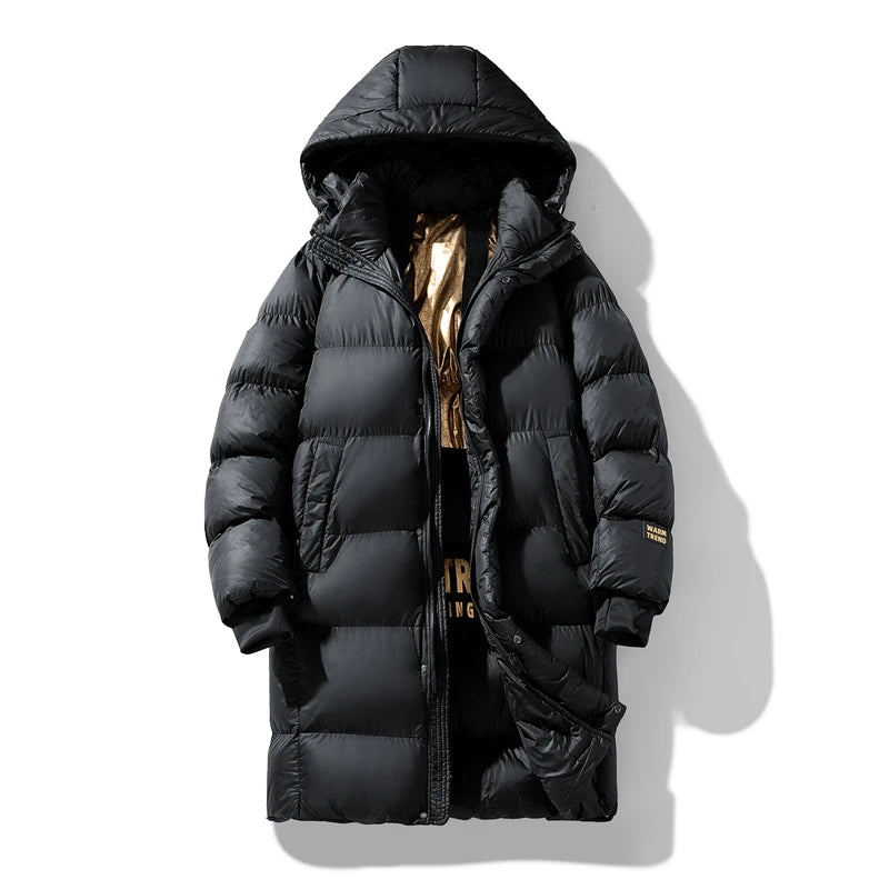 Black Color Men Mid Length Cotton Padded Coat Winter Fashion Hip Hop Streetwear Hong Kong Style Solid Color Hooded Jacket