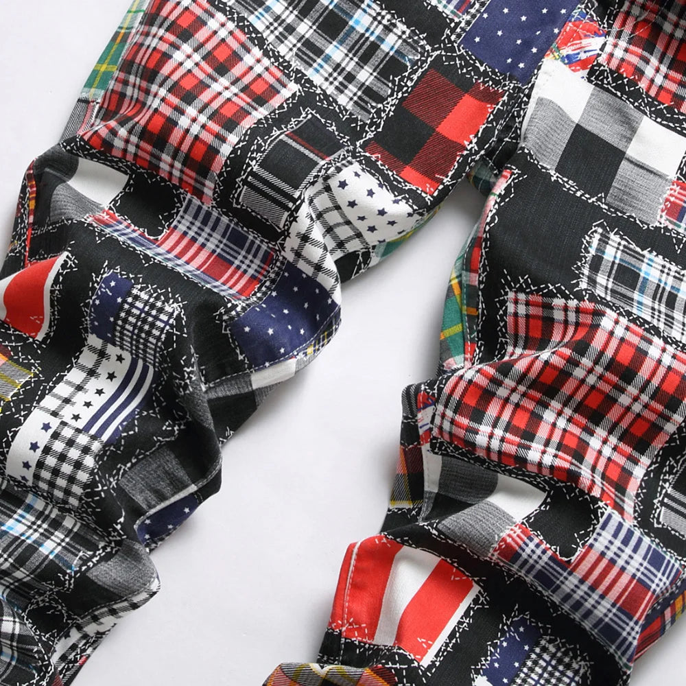 Männer Plaid Digital Print Jeans Mode Patches Patchwork Stretch Denim Hosen Schlank Gerade Hose