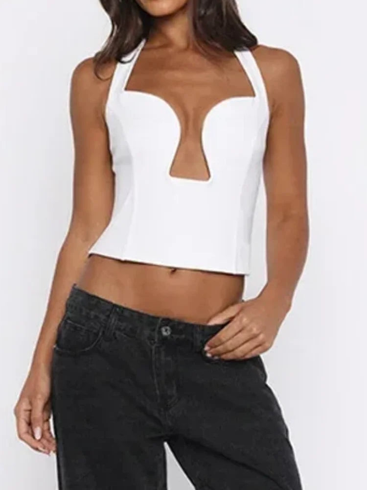 Elegant Backless Lace Up Halter Tops Women Sexy Sleeveless Off Shoulder Low-cut Slim Cropped Top 2026 Lady High Street Chic Wear