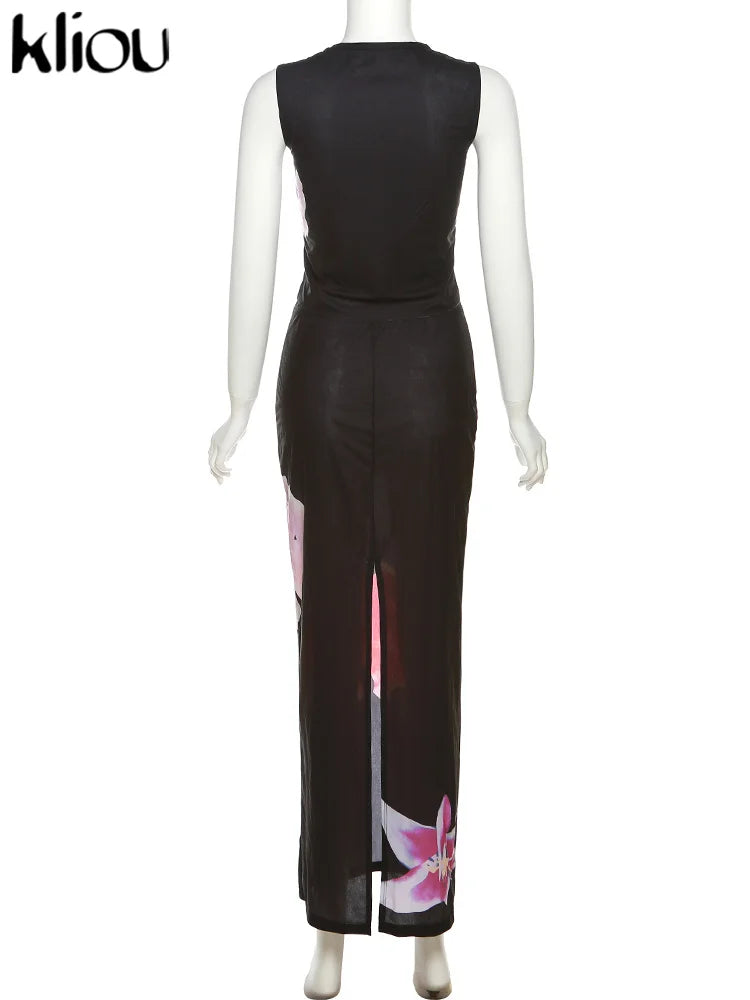 Kliou Vintage Folower Print Zweiteiliges Set für Damen, sexy, durchsichtige Netz-Weste + schmaler Rock mit hoher Taille, passende Outfits für Damen