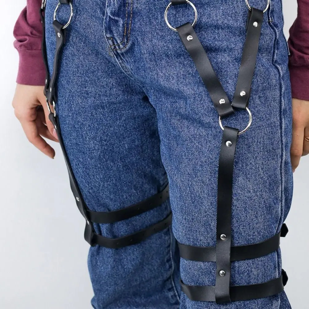 PU Leather Harness Waist Belt Punk Waistband Hollow Belt for Pants Gothic Strap Buckle Body Harness Belt Waist Accessories