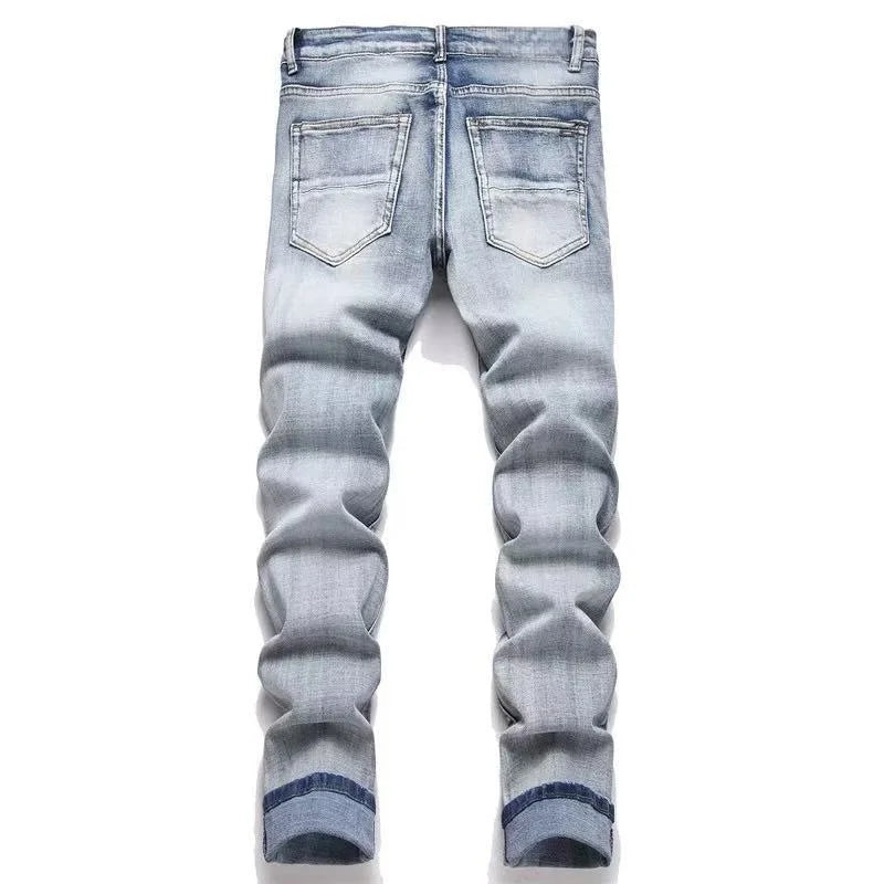 Men's Hip-Hop Style Distressed Holes Jeans Wash Ripped Pants with Red Embroidered Patches Casual Trendy Streetwear Trousers