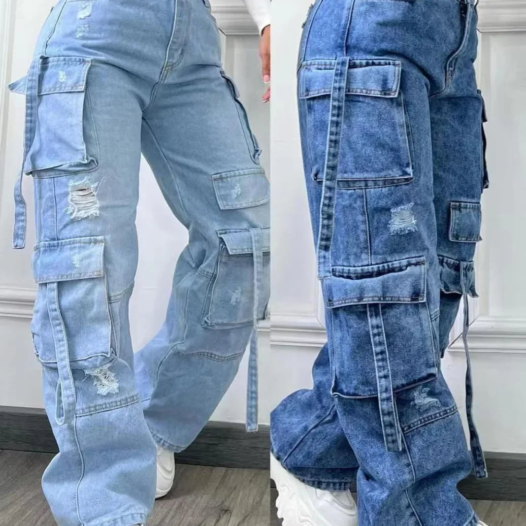 New Fashion Pure Color Casual Workwear Denim High Waist Multi Pocket Loose Fit Women's Jeans Versatile plus Size