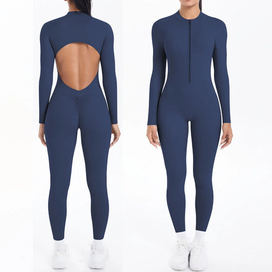 Solid Color Bodysuits for Woman's Backless Long Sleeved Zipper Yoga Jumpsuits High Dtrength Workout Sports Fitness Clothing Set