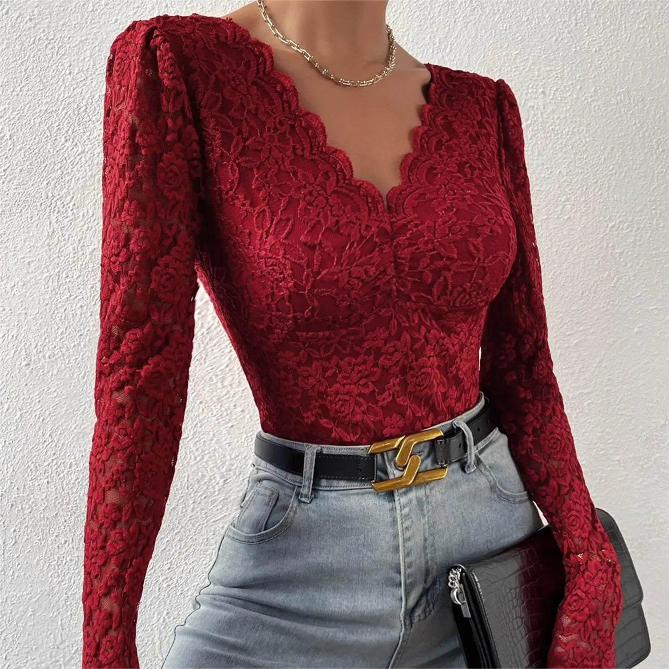 Women's Jumpsuit Onesie Lace Long Sleeve Perspective Embroidery Black V-neck Slim White Base Shirt Red Bodysuit