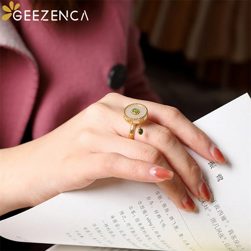 GEEZENCA 925 Sterling Silber Vergoldet Natürliche Jade Drehringe Für Frauen Vintage Luxus Edelstein Glücksring 2022 Neuer Trend