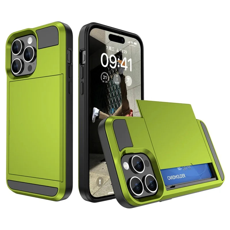 Phone Case for IPhone 16 15 14 Plus 13 12 11 Pro Max Wallet with Card Holder Slot Sliding Pocket Dual Layer Protective Cover