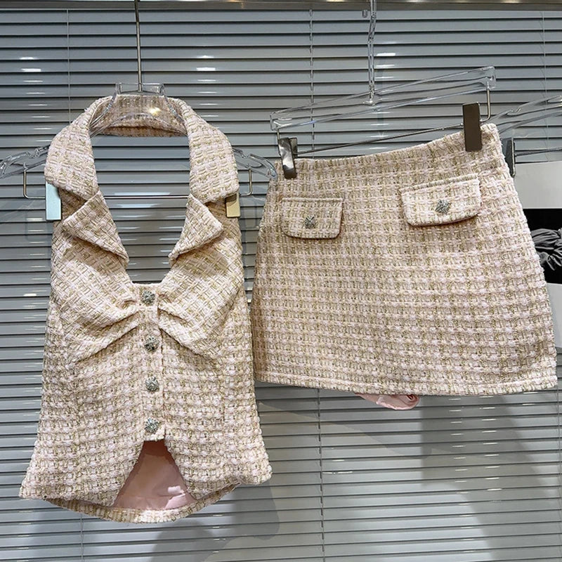 DEAT 2025 Summer New Fashion Two-pieces Set For Women Diamond Buckle Hanging Neck Vest Woven Tweed Short Skirt Female 11A04590