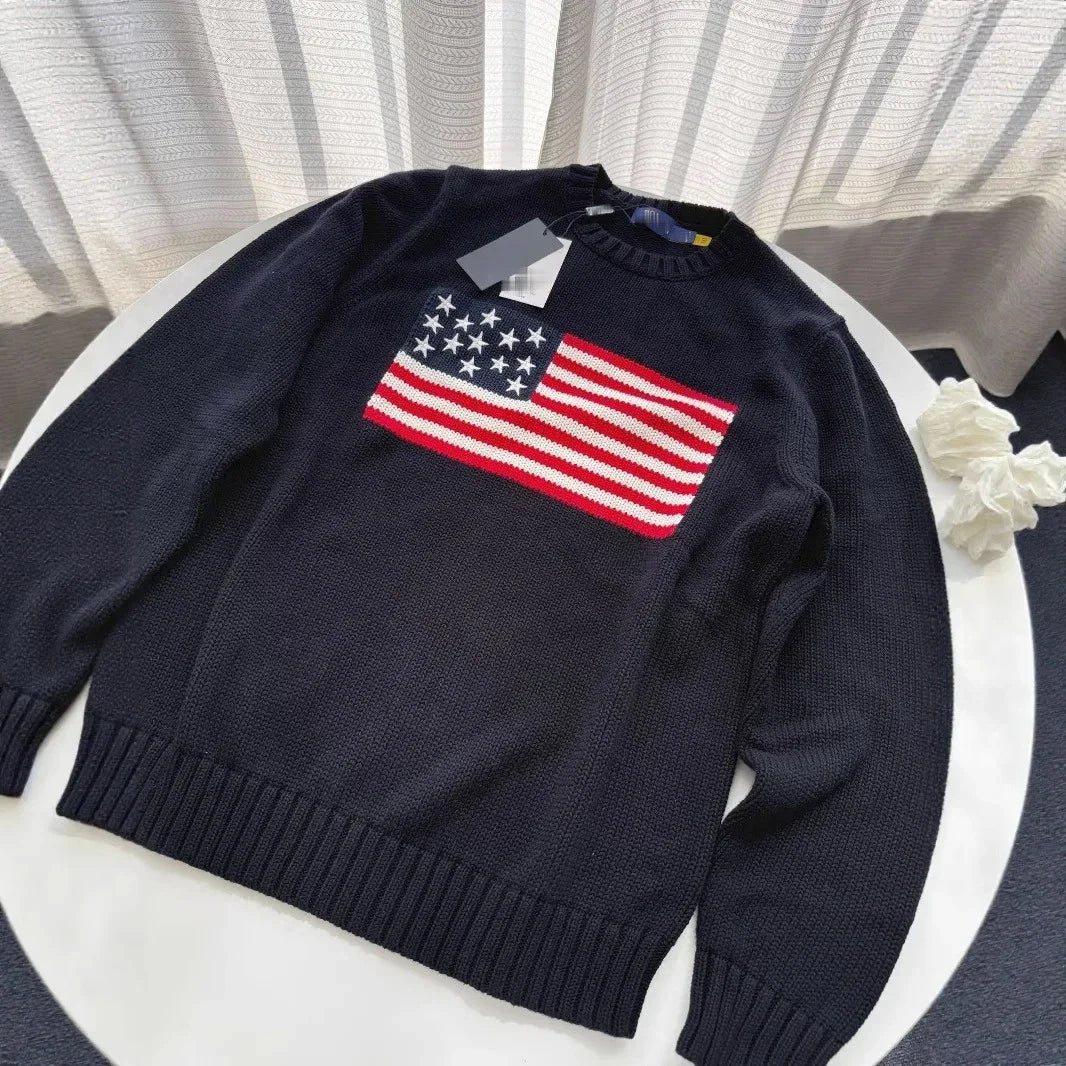 Popular Autumn Winter US Flag Pattern Stripe Pullover Sweater Casual O Neck Contrast Color Knitted Women Sweaters Mens Clothes