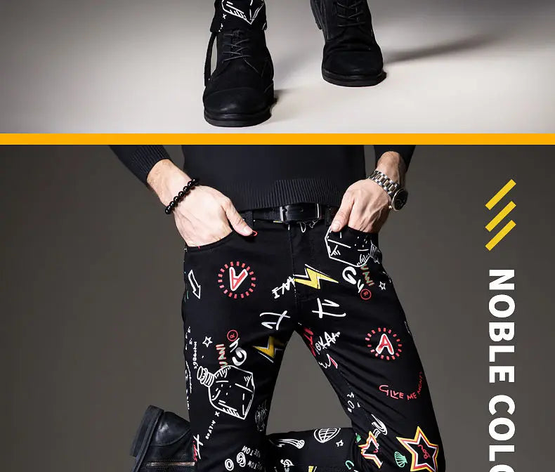 Luxuriöse Jeanshose für Herren, Hip-Hop-Jeans mit Graffiti-Print, Designer-Jeans in Slim Fit, trendige schwarze Jeans, Stretch-Cowboy-Baumwollhose für Männer