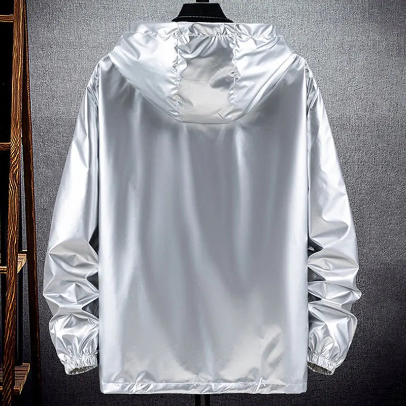 Men Shiny Jacket Shiny Silver Bright Hooded Zipper Bomber Jacket Autumn Thin Harajuku Windbreaker Waterproof Coats
