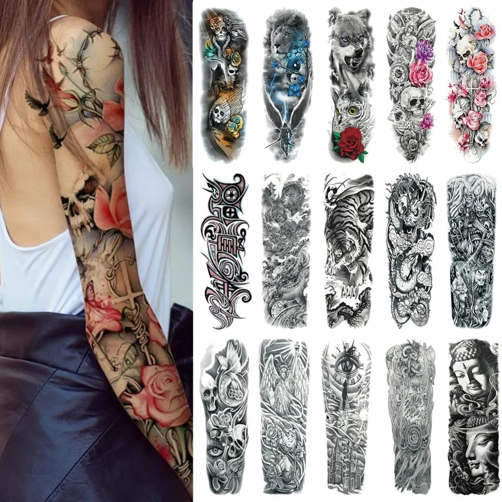 Waterproof Temporary Tattoo Sticker Full Arm Large Skull Old School Tatoo Stickers Flash Fake Tattoos for Men Women