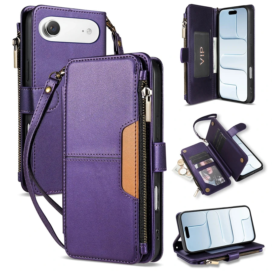 Wallet Multi-card Slot Zipper Kickstand Magnetic Flip Leather Case For iPhone 17 Pro Max 17e Air 16e 15 Plus 14 13 12 11 XR 8 7