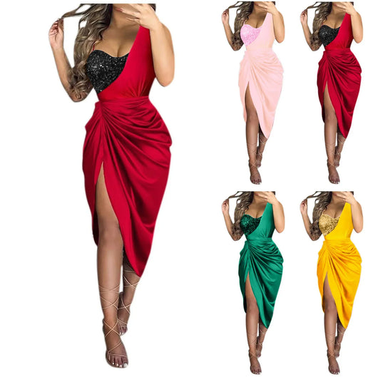 Sexy Pure Color Wish Women's Dress with Slit And Pleats for Evening Gown Knee-Length Asymmetrical Shoulder Design Polyester Fibe