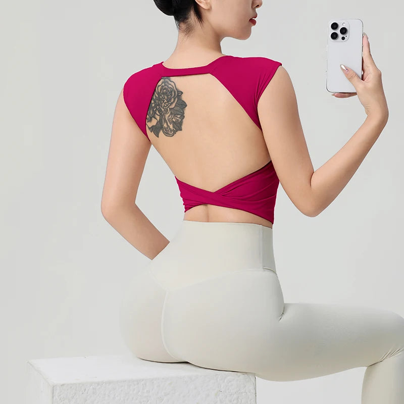 Women's Backless Fitness Clothes with Fixed Chest Pad Beautiful Top Short Sleeve Dance Sport  T-Shirt Yoga Wear