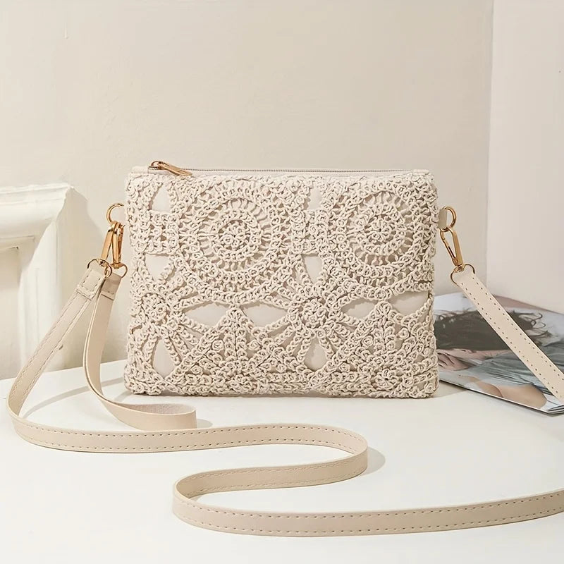 Korean Versatile Crossbody Crochet Bag, New Straw Woven Bag, Zipper Closure, Retro Casual Beach Flower Women's Bags