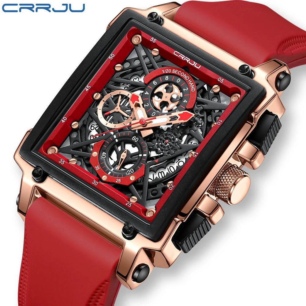 CRRJU Modische Sportuhren mit großem Zifferblatt, einzigartiges rechteckiges, hohles Design, Quarz-Armbanduhren mit Chronograph, automatisches Datum