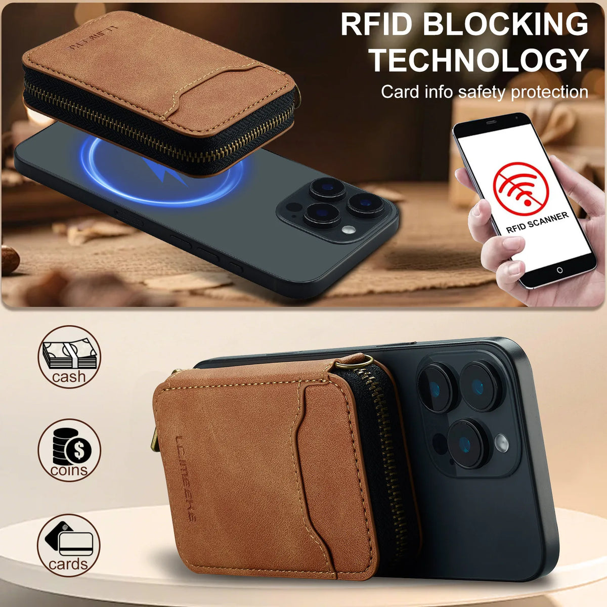 Magnetic Attraction Zipper Leather Card Slot Wallet for iPhone 17 Samsung Galaxy Google Xiaomi Phone MagSafe Magnetic Phone Bag