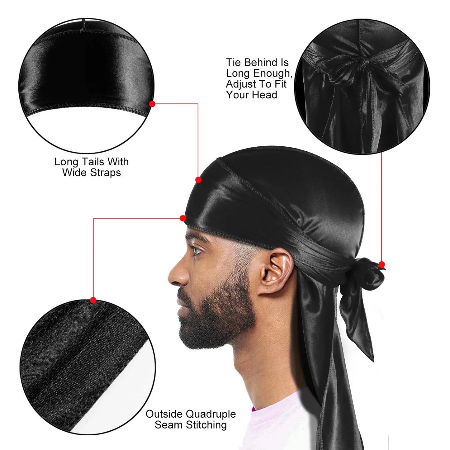 2024 Neue Satin Durag Turban Motorhaube Perücken Durag Biker Headwrap Piratenhut Kappe für Männer Haarschmuck Lange Schwanzriemen Bandanas