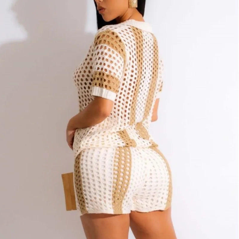 Women's Two Pieces Set Knit Ribbed Crochet Patchwork Outfits Short Sleeve Shirt Sweater Short Suit  Two Set Outfit Tracksuit