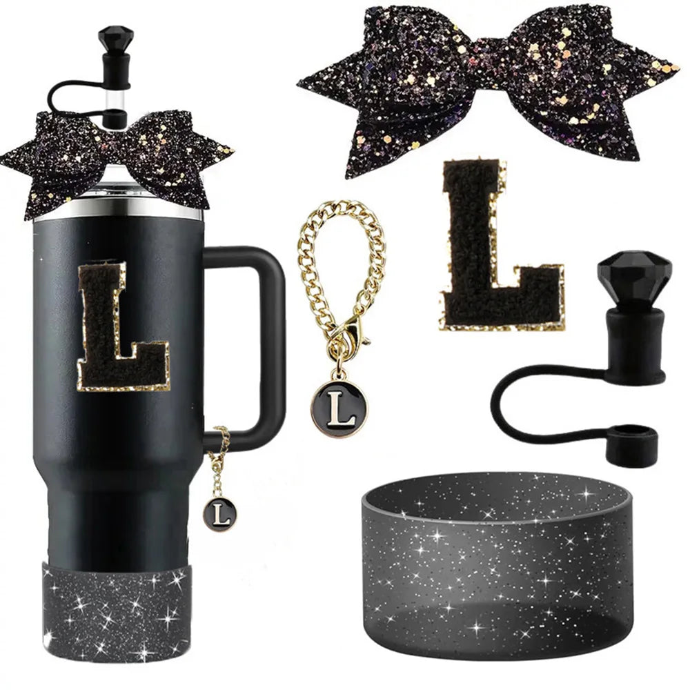 5pcs Accessories Set for Stanley 30oz 40oz Tumbler Cup Including 10mm Diamond Straw Cover Topper Bow Ties Initial Sticker