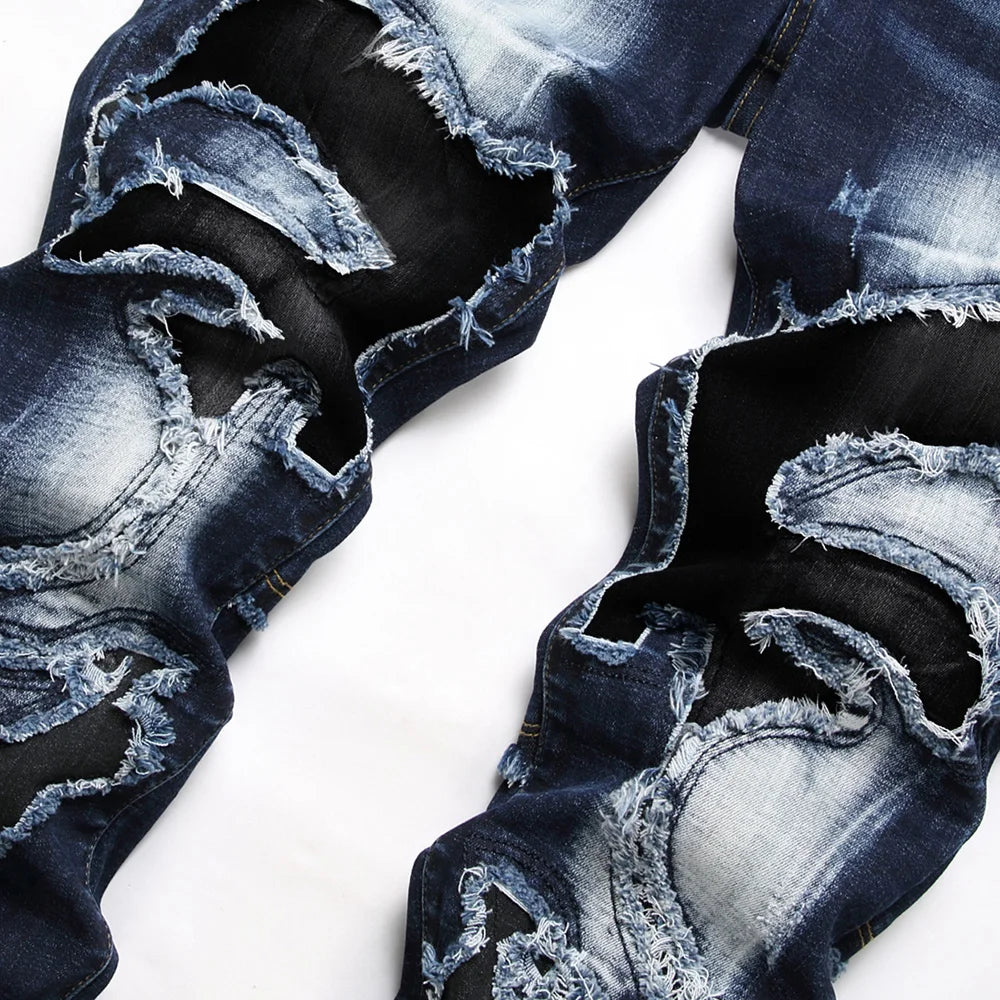 Men Patchwork Denim Jeans Holes Ripped Distressed Dark Blue Stretch Pants Casual Fringe Slim Straight Trousers