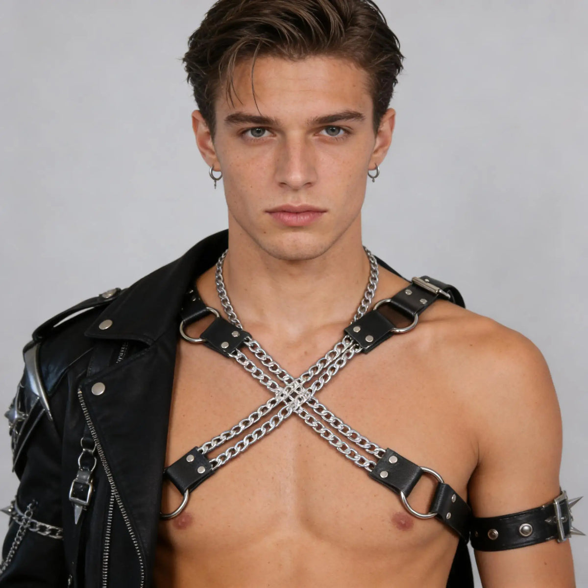 Men's Adjustable PU Leather Body Harness with Chain Tassels - Fashionable Black Chest Belt for Parties, Performances