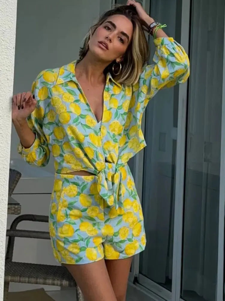 HH Women Fashion Fruit Print Shorts Elegant Zipper Fly High Waist Short Pant Casual Female Sweet Streetwear Shorts